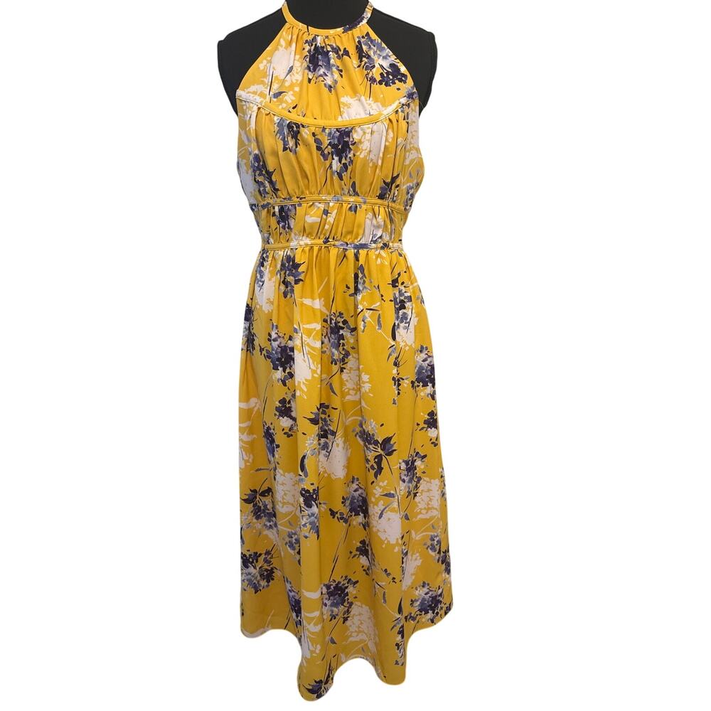 NWT Monique Lhuillier Size 4 Yellow Floral Halter Midi Dress Garden Party dress